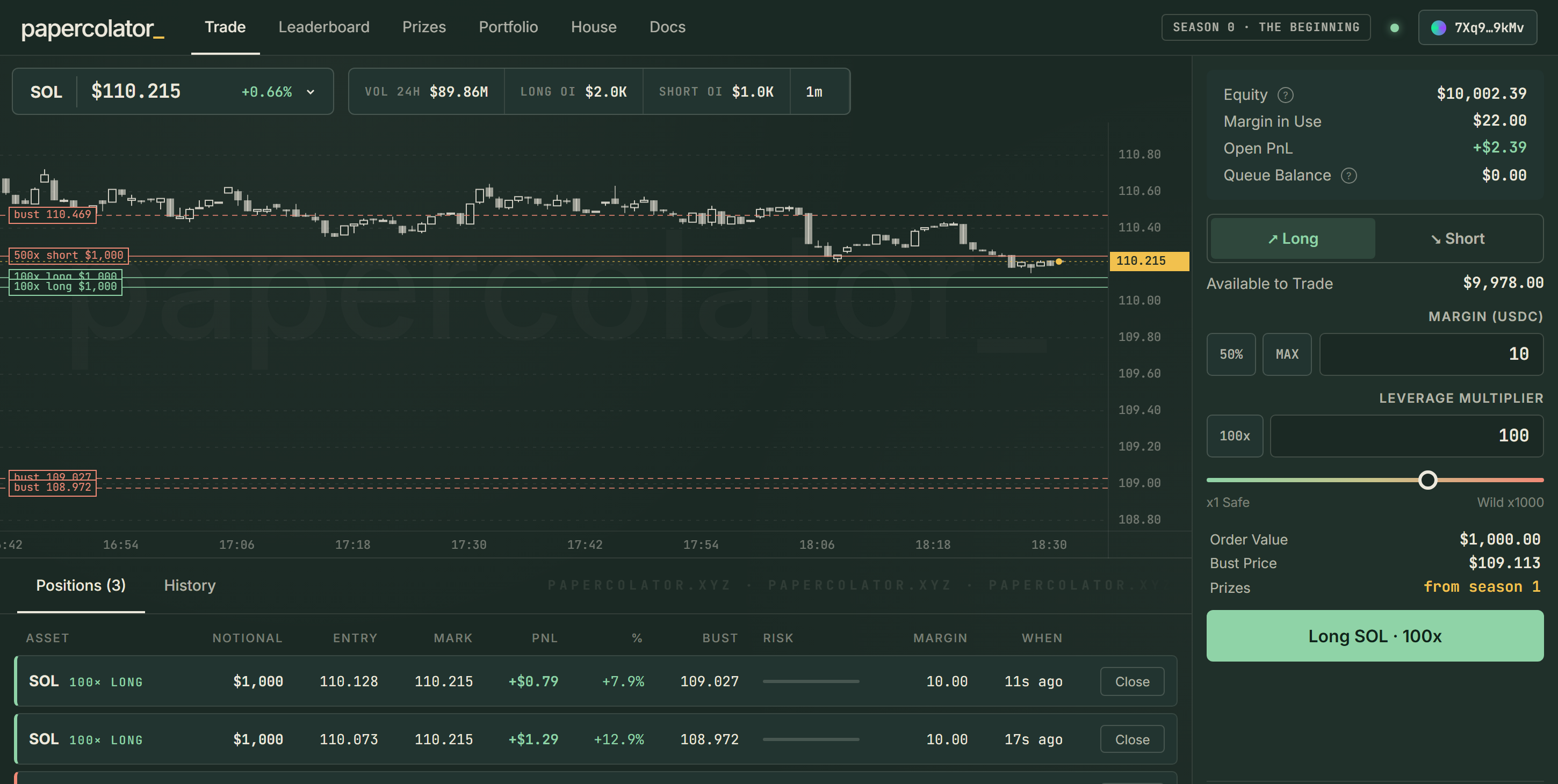 papercolator trading interface preview